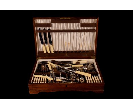 A cateen of silver plated cutlery, together with a selection of silver and silver plated flatware, including a silver and mot