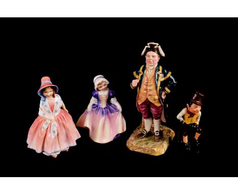 A group of three Royal Doulton and a Royal Worcester porcelain figures, including Sam Weller, Dinky Do HN 1678, Lily HN 1798,