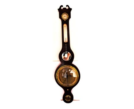 A Mahogany banjo barometer,  by John Leone Aylesbury, with boxwood stringing, missing glass to top bezel and mirror cracked A