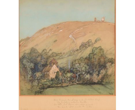 A colour lithograph of a Sussex scene, initialled DM lower right, and with hand written poem verse to the mount 25cm sq., fra