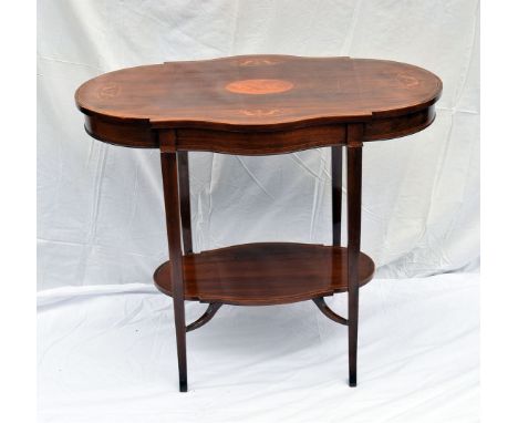 An Edwardian mahogany and inlaid occasional table, shaped top on four tapered supports with shelf stretcher, AF
There are scr