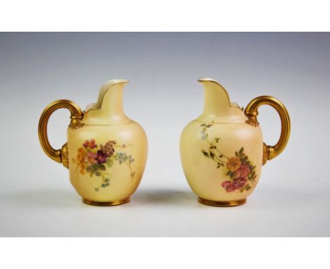 Two Royal Worcester blush ivory miniature flat back ewers, both shape number 1094, one with puce maker's mark for 1903 to bas