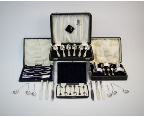 A selection of cased silver and silver plated items, comprising: a cased silver condiment set, Docker &amp; Burn Ltd, Birming