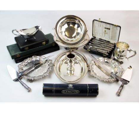 A collection of early 20th century and later silver plated wares, to include a pair of waiters, with stylised pie crust and s