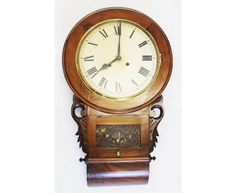 A Victorian walnut wall clock, with a 30cm white dial and two train movement, above a glazed and hinged pendulum compartment,