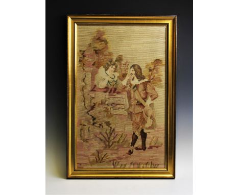 A needlework wool tapestry depicting a cavalier and maiden, framed and glazed, 77cm x 51cm, and a George III silk and needle 