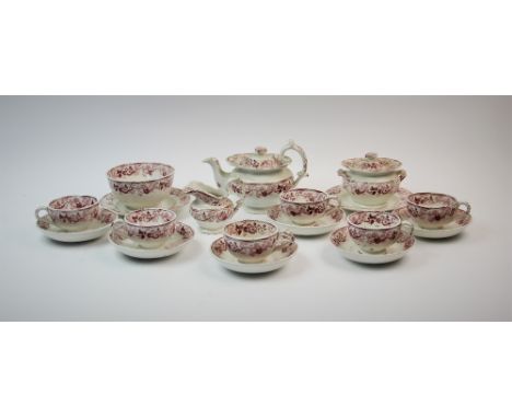 A Victorian transfer printed children's tea service, comprising: a tea pot, sugar bowl and cover, cream jug, slop bowl, six t