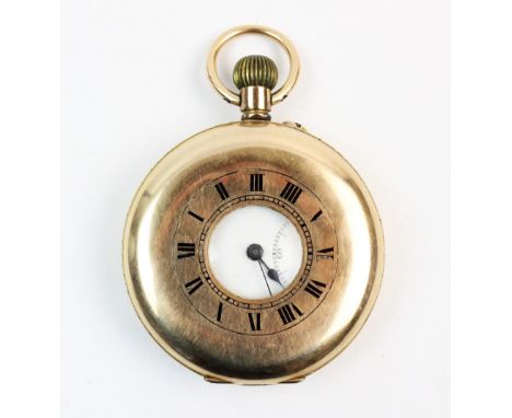 A half hunter pocket watch, the round white dial with Roman numeral markers and a subsidiary seconds dial to six 'o' clock, s