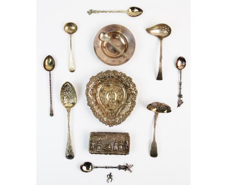 A selection of silver and silver coloured items, to include, a silver snuff box, (probably) Ridley Hayes, Chester 1917, the r