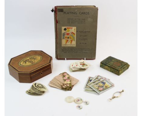 A Tunbridge ware playing card box, early 20th century, the octagonal box with transfer printed playing card design to the lid