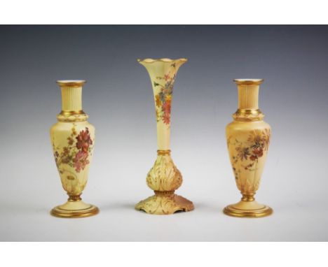 A pair of Royal Worcester blush ivory bud vases, shape number 1726, each with puce maker's mark for 1894 and Rd No 227601 to 