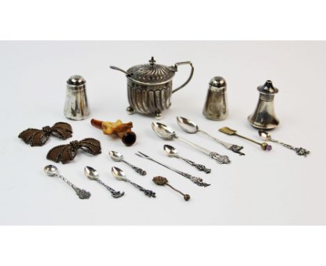 A selection of silver and silver coloured items, to include, a pair of Edwardian silver pepperettes, Liberty &amp; Co Ltd, Bi