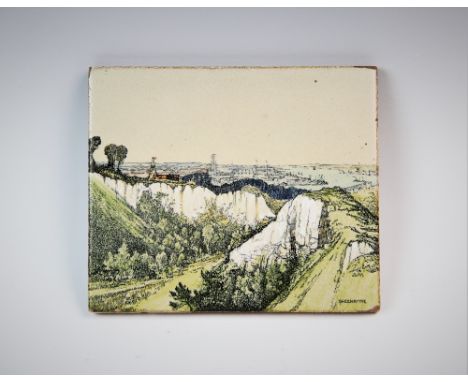 A Donald Maxwell (1877-1936) hand painted ceramic tile, depicting Greenhithe, Kent, initial 'DM' to right hand side, 14cm x 1