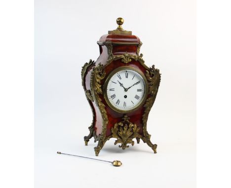 A late 19th century French boulle bracket clock, of bombe form with a spherical brass finial above a 13cm white enamelled dia