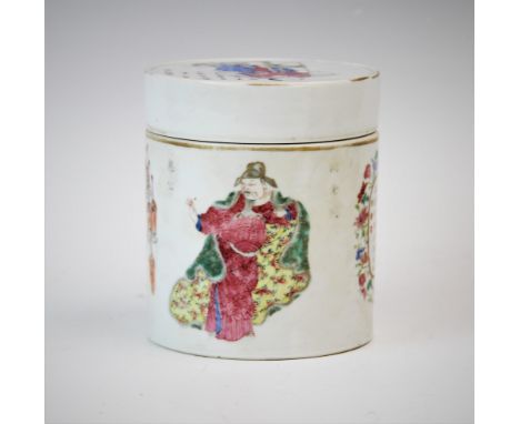 A Chinese Wu Shuang Pu porcelain tea caddy, Republic period, the cylindrical body decorated with Si Ma Qian, Liang Gong and W