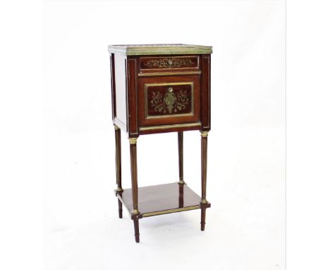 A late 19th century French marble top mahogany bedside cupboard, the rouge marble (at fault) within a pierced brass gallery, 