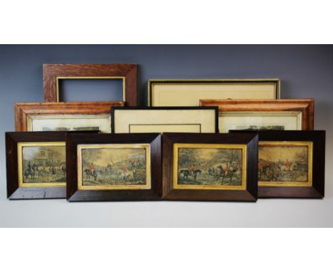 A set of four hand tinted hunting prints, 19th century, in matching frames with titled gilt over-mounts, each 10cm x 19cm, wi