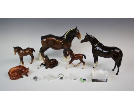 A Beswick Clydesdale shire horse, modelled standing, 22cm high (restored), with a Beswick shire foal, modelled standing, 12.5