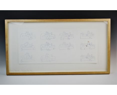 Lucy Russel (Contemporary),  Biro and coloured pencil on paper,  'Settee For Two',  Named and titled to glass,  19cm x 68.5cm