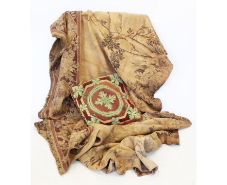 A large woven wall tapestry depicting a woodland landscape with pheasants, ducks and herons with a tapestry pelmet with repea