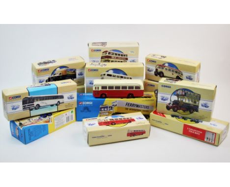Twelve boxed Corgi Classics die cast models, HGV and public transport to include, Ferrymasters AEC box trailer set, Scammell 