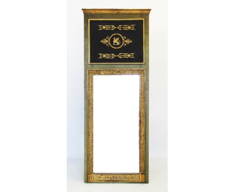 A Regency style pier mirror, 20th century, of rectangular form, the upper ebonised panel applied with gilt relief decoration,