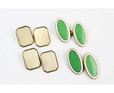 A pair of 9ct gold cufflinks, of rectangular form with truncated corners with engine turned decoration measuring 12mm x 10mm,