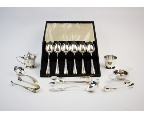 A selection of silver and silver coloured items, to include, a pair of George III silver sugar nips, John Lias, London 1814, 