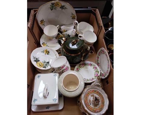 3 CARTONS OF MISC CHINA, JUGS, VASES, PART QUEEN ANNE TEA SET &amp; COLCLOUGH