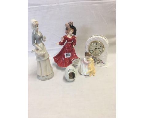 AYNSLEY BONE CHINA DRESSING TABLE CLOCK, A ROYAL DOULTON FIGURE OF 'PATRICIA' HN3365, A ROYAL DOULTON FIGURE 'BUDDIES' HN3396