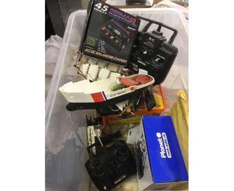 CARTON WITH VARIOUS REMOTE CONTROL PARTS &amp; CONTROLLERS, A CUTTY SARK MODEL &amp; VARIOUS HAND TOOLS