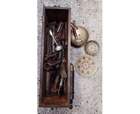 WOODEN BOX WITH MISC BOX OF SPANNERS, MISC HAND TOOLS &amp; A GREASE PUMP