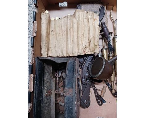 CARTON WITH MISC TOOLS, INCL; WIRE CUTTERS, BOLT CUTTERS, BRASS GREASE PUMPS, MISC CYCLING SPANNERS &amp; A ROLL OF CUTLERY
