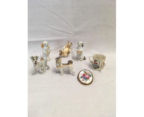 GOSSWARE CUP, 3 X VICTORIAN DOG ORNAMENTS, WADE TRAMP FIGURINE ETC