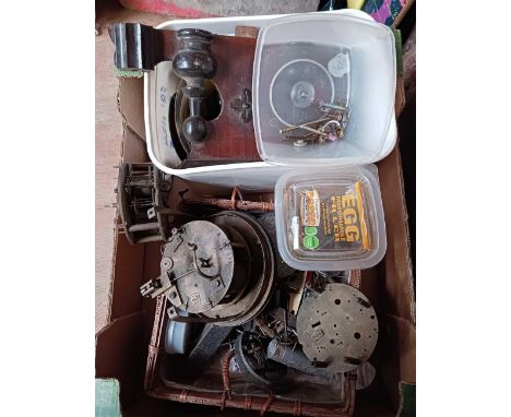 GREEN CARDBOARD BOX OF OLD CLOCK MOVEMENTS