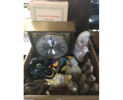 CARTON OF PAPERWEIGHTS, CHINAWARE, CLOCK ETC