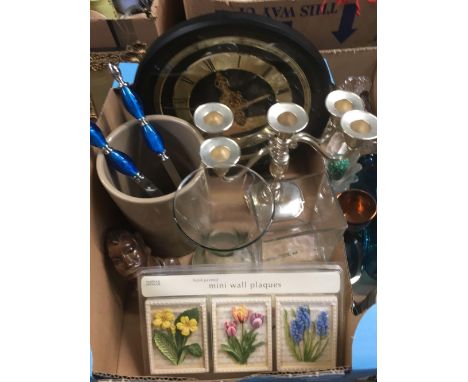 CARTON WITH VASES, SALAD SERVERS, MINI WALL PLAQUES, ETHNIC HEAD, CLOCK &amp; CANDELABRA