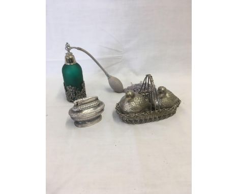 METAL BIRD SALT &amp; PEPPER SET WITH BASKET, GLASS &amp; METAL BOTTLE SCENT PUFFER &amp; A RONSON QUEEN ANNE CIGARETTE LIGHT