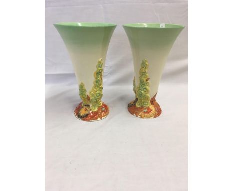 2 CLARICE CLIFF VASES, APPROX 12" TALL, 1 CRACKED