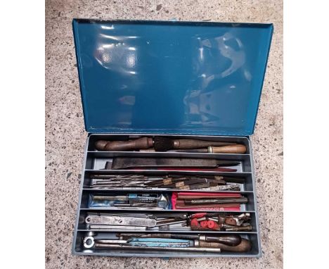 BLUE TOOL BOX OF ASSORTED CLOCK MAKERS TOOLS