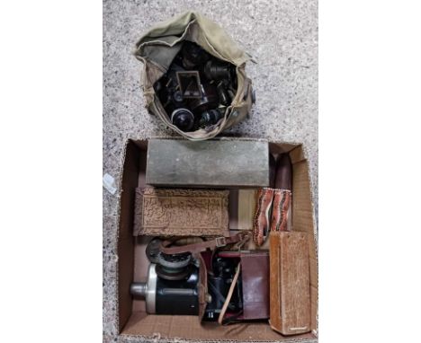 CARTON WITH SATCHEL OF VINTAGE BAKELITE ELECTRICAL FITTINGS, FISHING REEL, HIP FLASK, PAIR OF 8 X 30 BINOCULARS WITH CASE &am