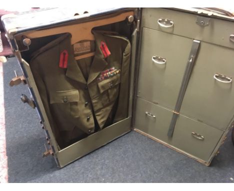 OFFICERS UNIFORM TRUNK WITH JACKET WITH RANK OF BRIGADEIER, TO THE CAMERONIANS SCOTTISH RIFLES, VARIOUS LOOSE MEDAL RIBBONS &
