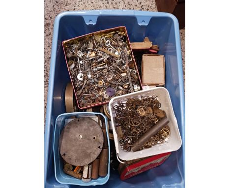 BLUE TUB OF BRASS CLOCK MOVEMENTS &amp; PARTS