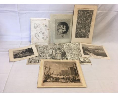 COLLECTION OF 9 UNFRAMED ANTIQUE PRINTS, ENGRAVINGS, ETCHINGS ETC, OLD MASTER DRAWING AND OTHER 18THC IMAGES, TOGETHER WITH A