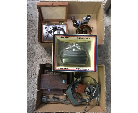 2 CARTONS OF MISC ENGINEERS TOOLS, A SCRIBE STAND, WATCH MAKER TOOLS, CAST IRON COFFEE GRINDER, LUCAS HALOGEN SPOT LAMP &amp;