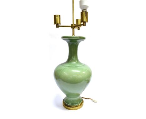 A LARGE CELADON COLOURED TABLE LAMP of ovoid baluster form with elongated neck, brass fittings, 49cm high excluding electrica