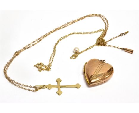 A 9CT GOLD CROSS AND CHAIN  together with a 9ct gold small cultured pearl pendant and chain, total gross weight 2.8 grams, an