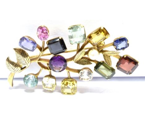 A MULTI GEM SET YELLOW GOLD SPRAY BROOCH stones to include blue sapphire, garnet, green tourmaline, white sapphire, blue zirc