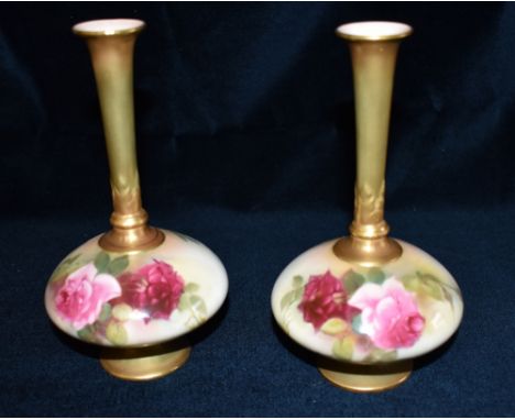 A PAIR OF ROYAL WORCESTER VASES  with painted decoration of roses signed 'E M Fildes' (Ellen Margaret), shape 1748, date code
