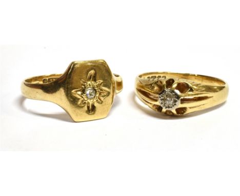 TWO GENT'S DIAMOND SET 9CT GOLD SIGNET RINGS comprising a gypsy set ring with small illusion set old cut diamond, 9ct gold ha